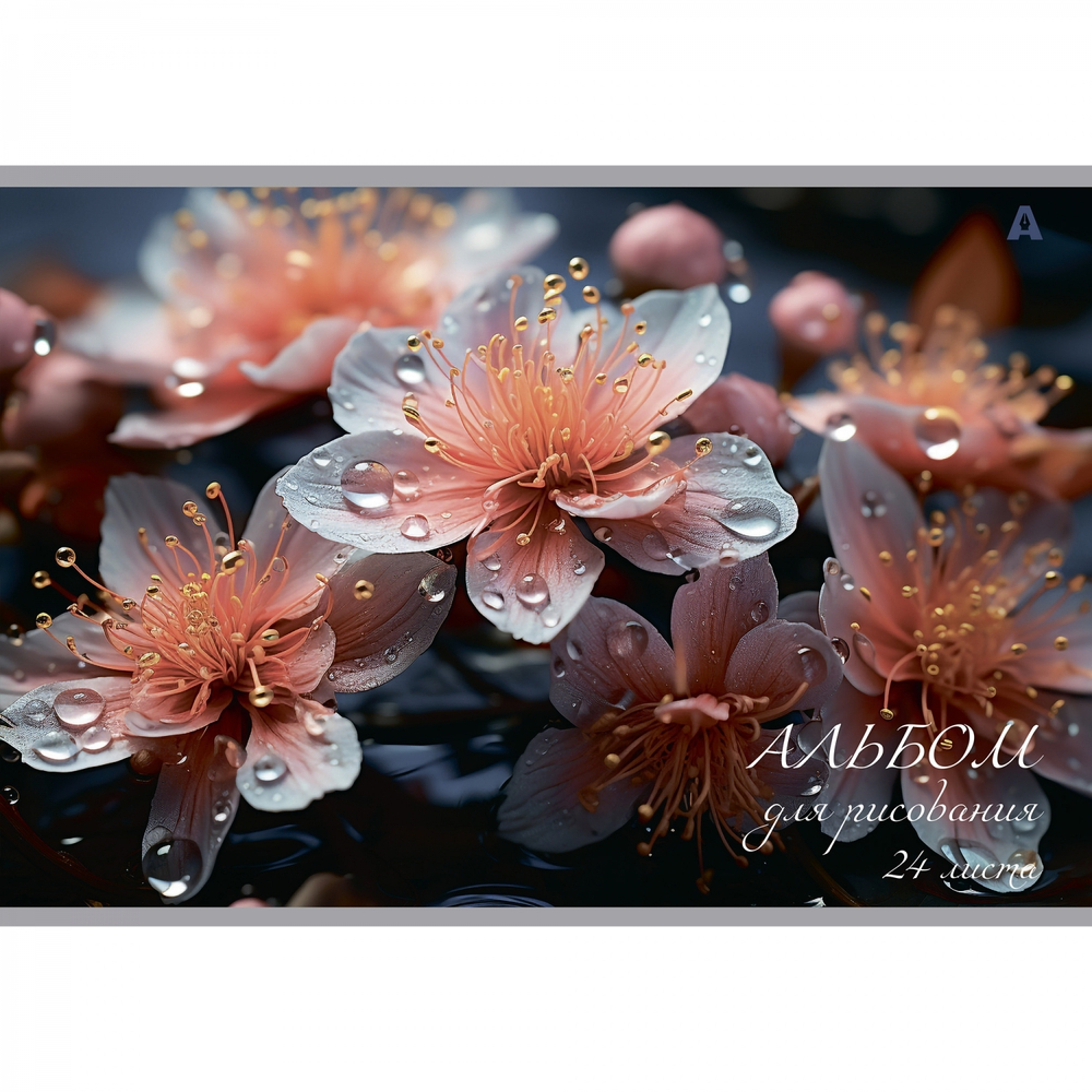 Альбом для рисования А4 24л., Alingar, на скрепке, мелованный картон (стандарт) 210 г/м2, офсет 100 г/м2, "Цветы", 4 дизайна в пленке т/у