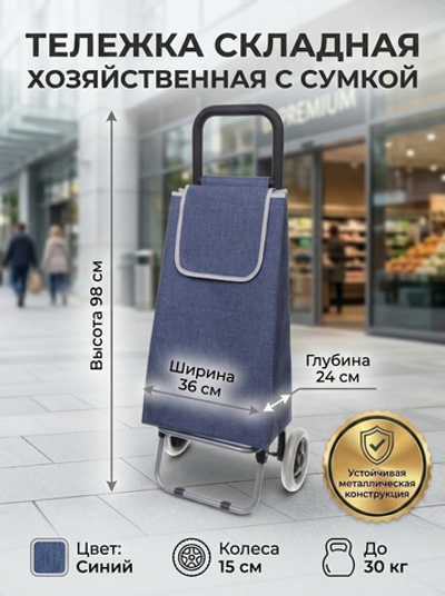 Тележка хозяйственная с сумкой (98*36*24см, колеса 15см,грузоподъемность до 30 кг) G синяя