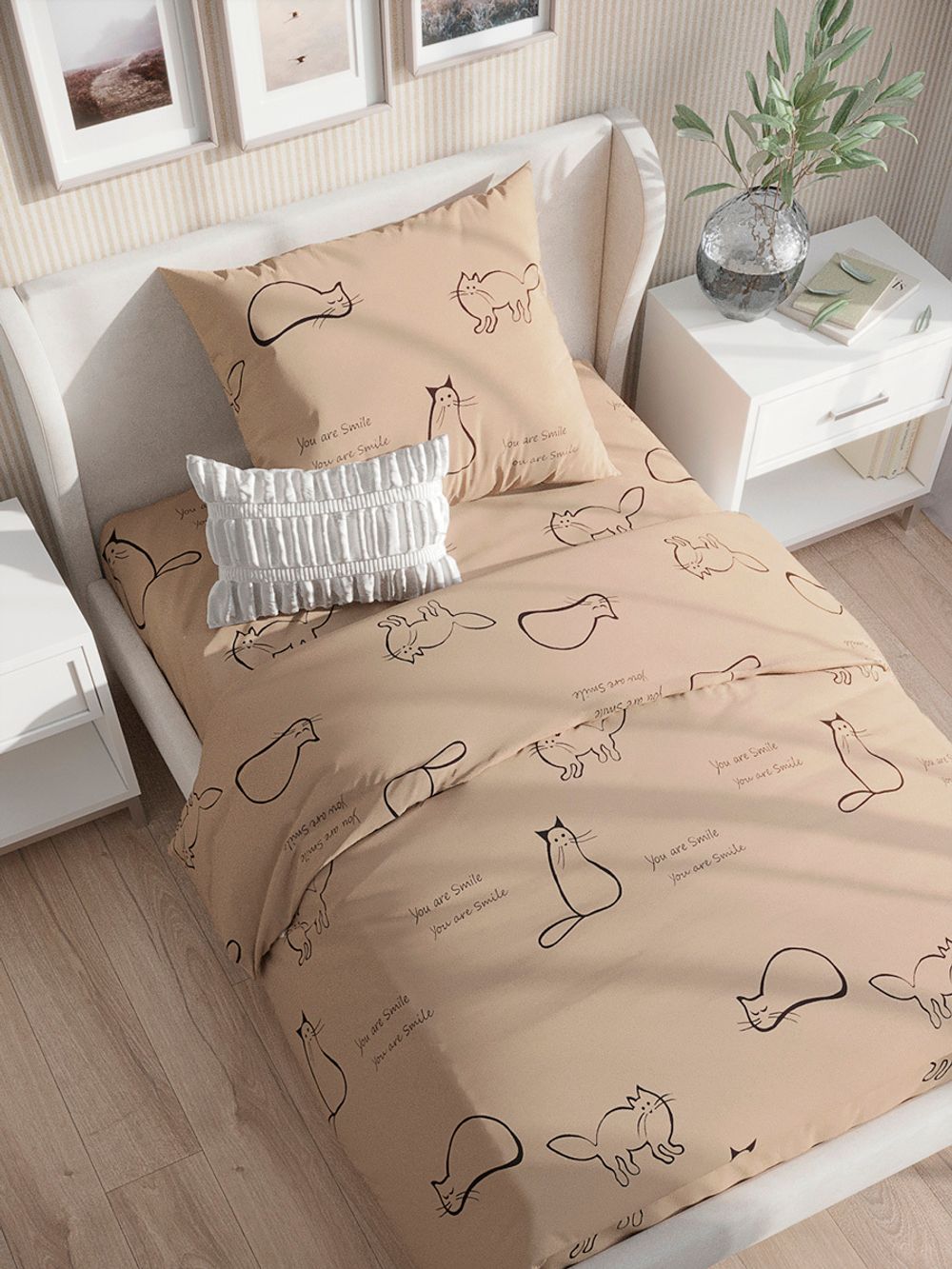 Простынь на резинке перкаль Сказка "Котики (беж)" 90x200 см