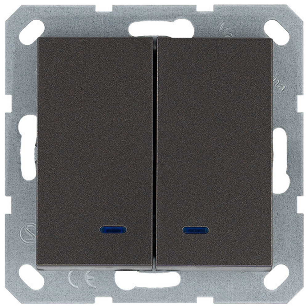 Выключатель двухклавишный со светодиодами 10A 250V~ с накладкой, цвет Мокко