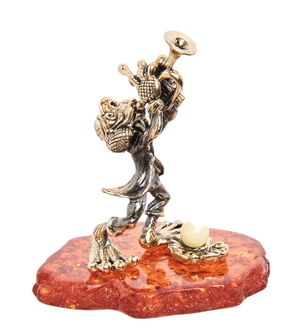 Народные промыслы AM-2150 Фигурка «Лягушка с трубой» (латунь, янтарь)