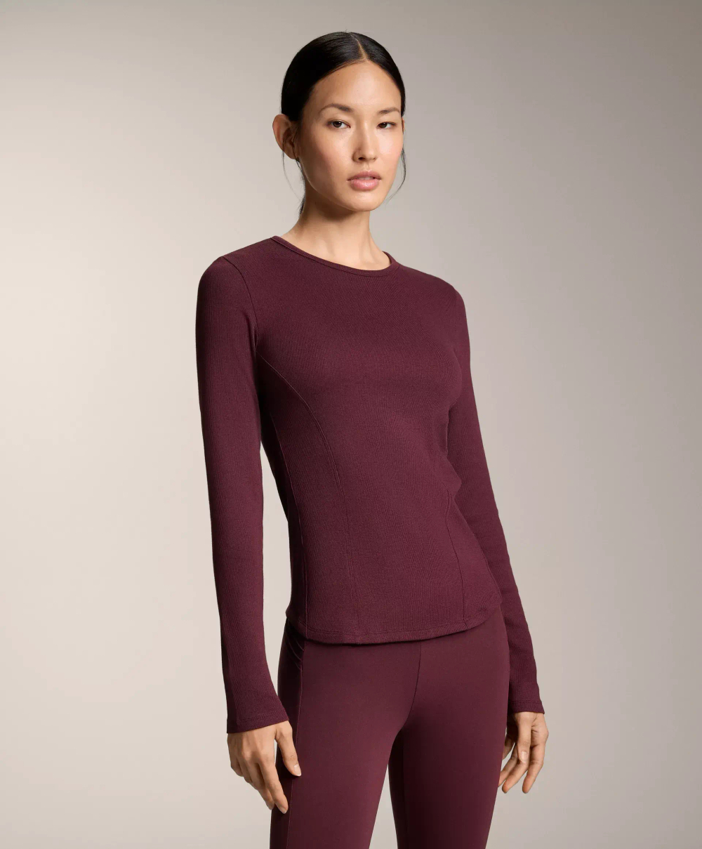 Oysho Футболка в рубчик с длинными рукавами из хлопка и модала, темно-гранатовый