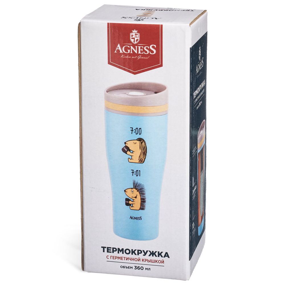 ТЕРМОКРУЖКА AGNESS "КОФЕ-СЮДА" 360МЛ, КОЛБА НЕРЖ.СТАЛЬ 18/10