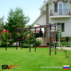 Уличная шведская стенка Sv Sport рукоход х 2 с комплектом турник прямой У52833 (Турник/Брусья/Стойка/Скамья/Гнездо 80см/Кронш бокс/Канат/кольца/лестница)