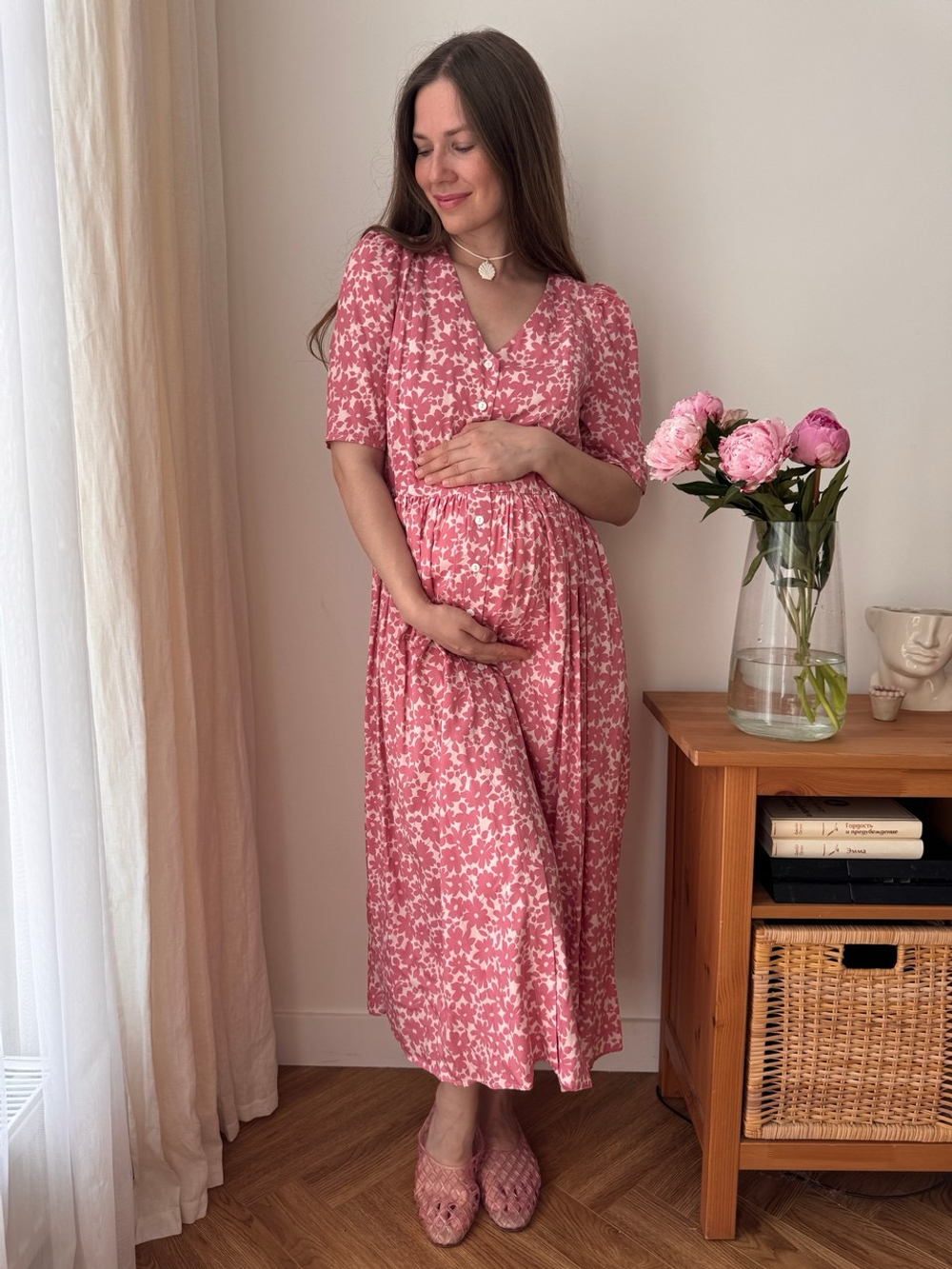 Платье Шарлотта для беременных и кормящих, Пудровый с розовыми цветами