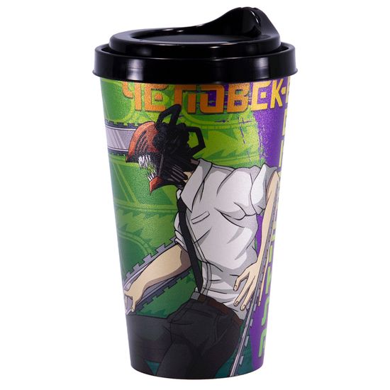 Стакан пластиковый с крышкой, 550 мл., по мотивам аниме "Человек-бензопила", Дэнджи, Пауэр, Макима