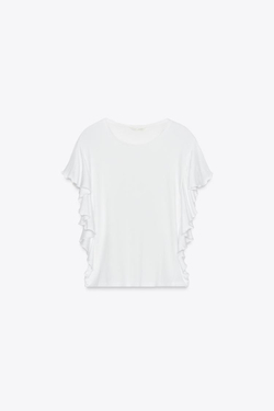 ZARA ФУТБОЛКА С РУКАВАМИ-ВОЛАНАМИ, БЕЛЫЙ