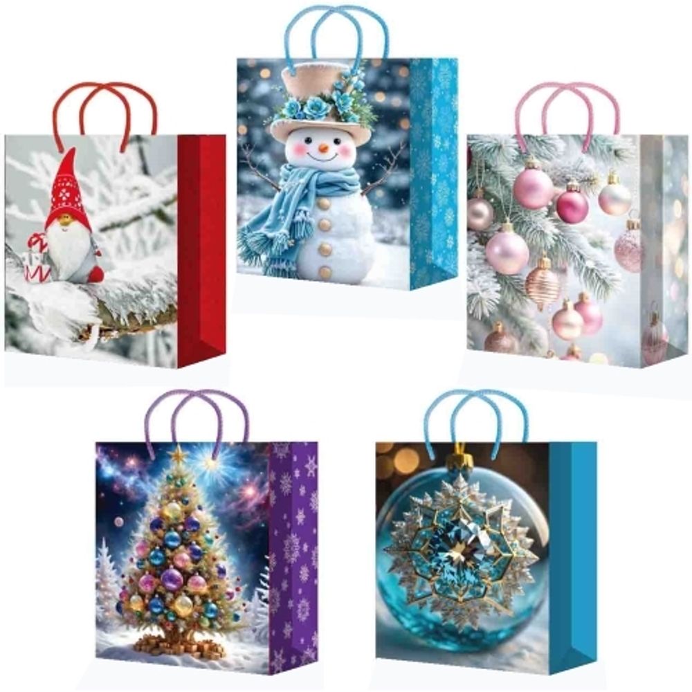 Новогодние пакеты бумажные 18х23+10см М25 231-235 (10/50шт)
