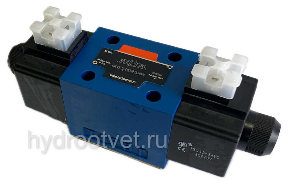 4WE10P31/CW220-50N9K4 - Гидрораспределитель золотниковый Ду 10 с электроуправлением W230, схема P (154), возврат - пружинный