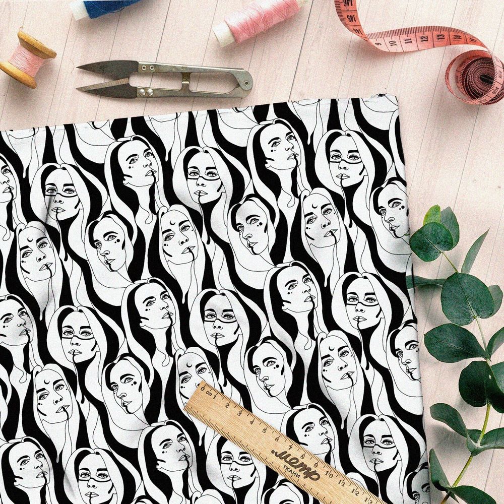 Ткань сатин иллюстрации девушек чёрно-белые