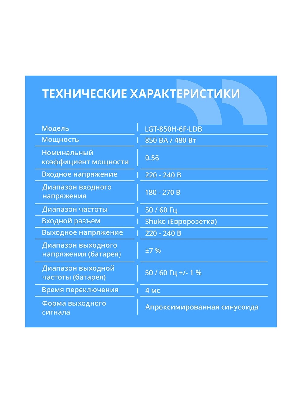 ИБП CBR LIGHT LGT-850 [850VA/480W 6 x EURO, 3 c фильтрацией + 3 с резервированием, Breaker]