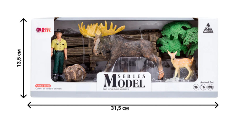 Игровой набор Masai Mara Мир диких животных: лось, олененок, фермер, дерево, забор