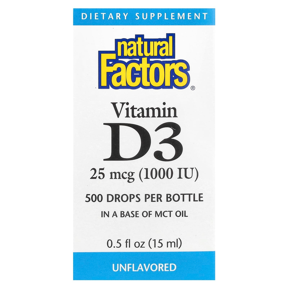 Natural Factors, Витамин D3 в каплях, без ароматизаторов, 25 мкг (1000 МЕ), 15 мл (0,5 жидкой унции)