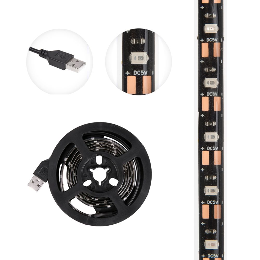 Лента светодиодная 5В, SMD2835, 4,8Вт/м, 60 LED/м, красный, 8мм, 1м, с USB коннектором, черная, IP65