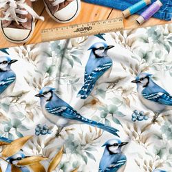 Ткань премиум интерлок синие птицы на ветках