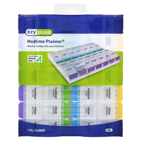 Ezy Dose, ежедневный ежедневник, 4 раза в день, с кнопкой, 2 шт., размер XL, 1 шт.