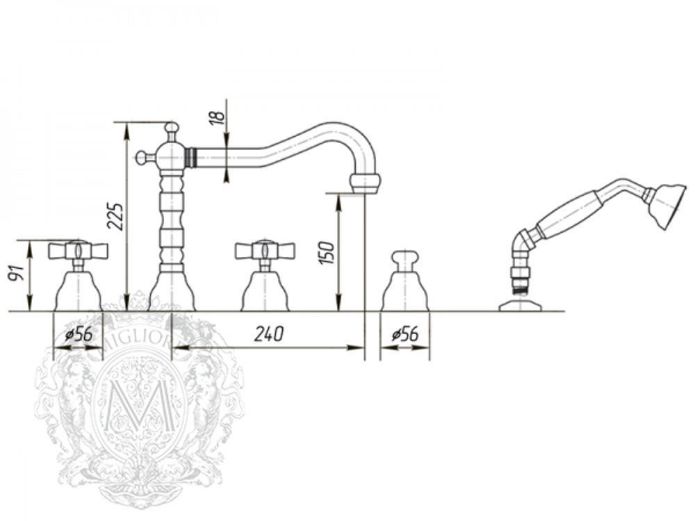 Смеситель на борт ванны с душем Migliore Princeton, ML.PRN-880 схема