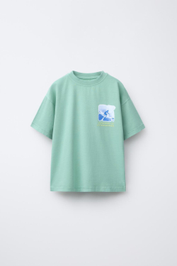 ZARA ФУТБОЛКА С ПРИНТОМ «СЕРФИНГ», ЗЕЛЕНЫЙ