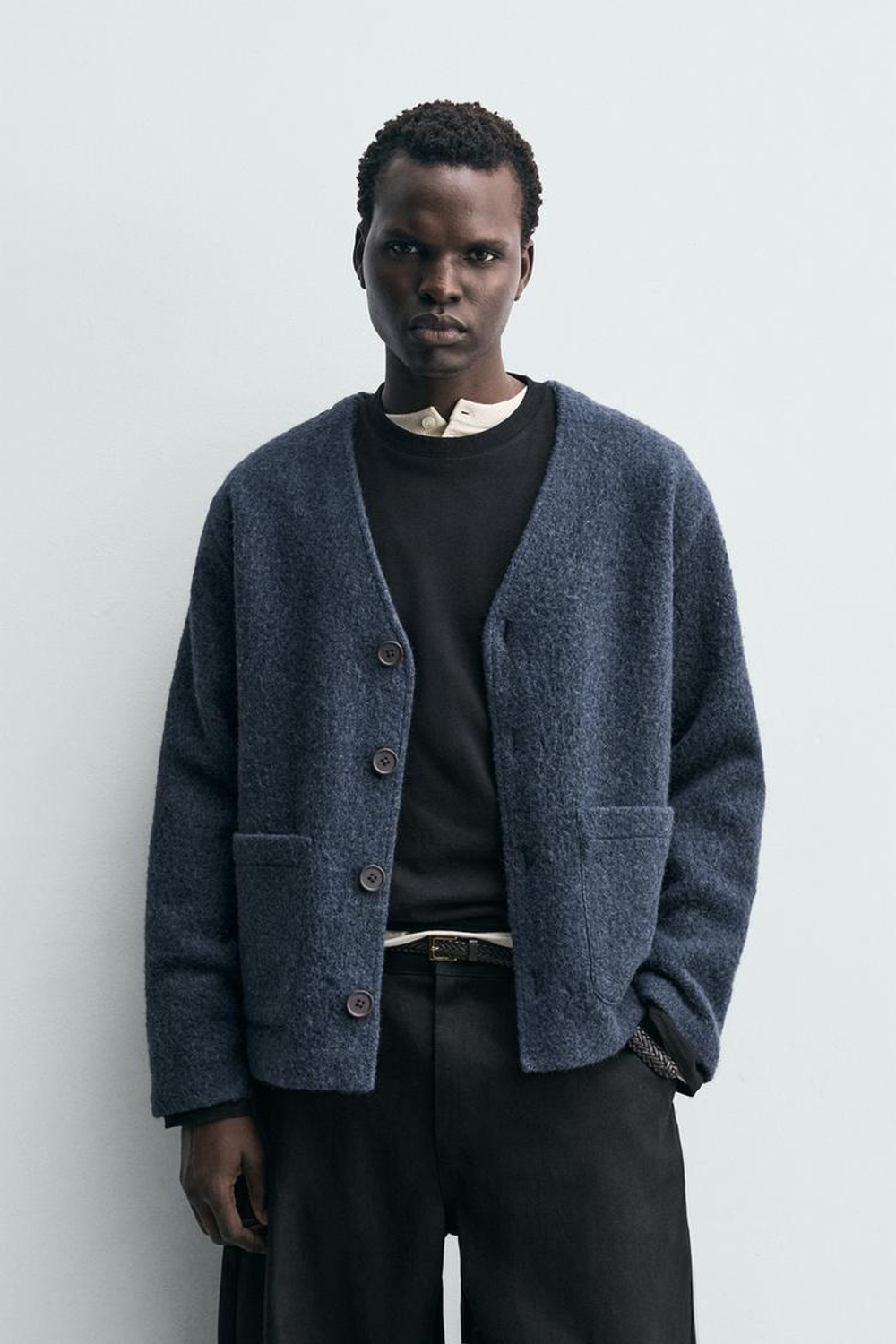 ZARA КАРДИГАН ИЗ РЕЛЬЕФНОЙ ТКАНИ С ШЕРСТЬЮ, ВЫЦВЕТШИЙ СИНИЙ