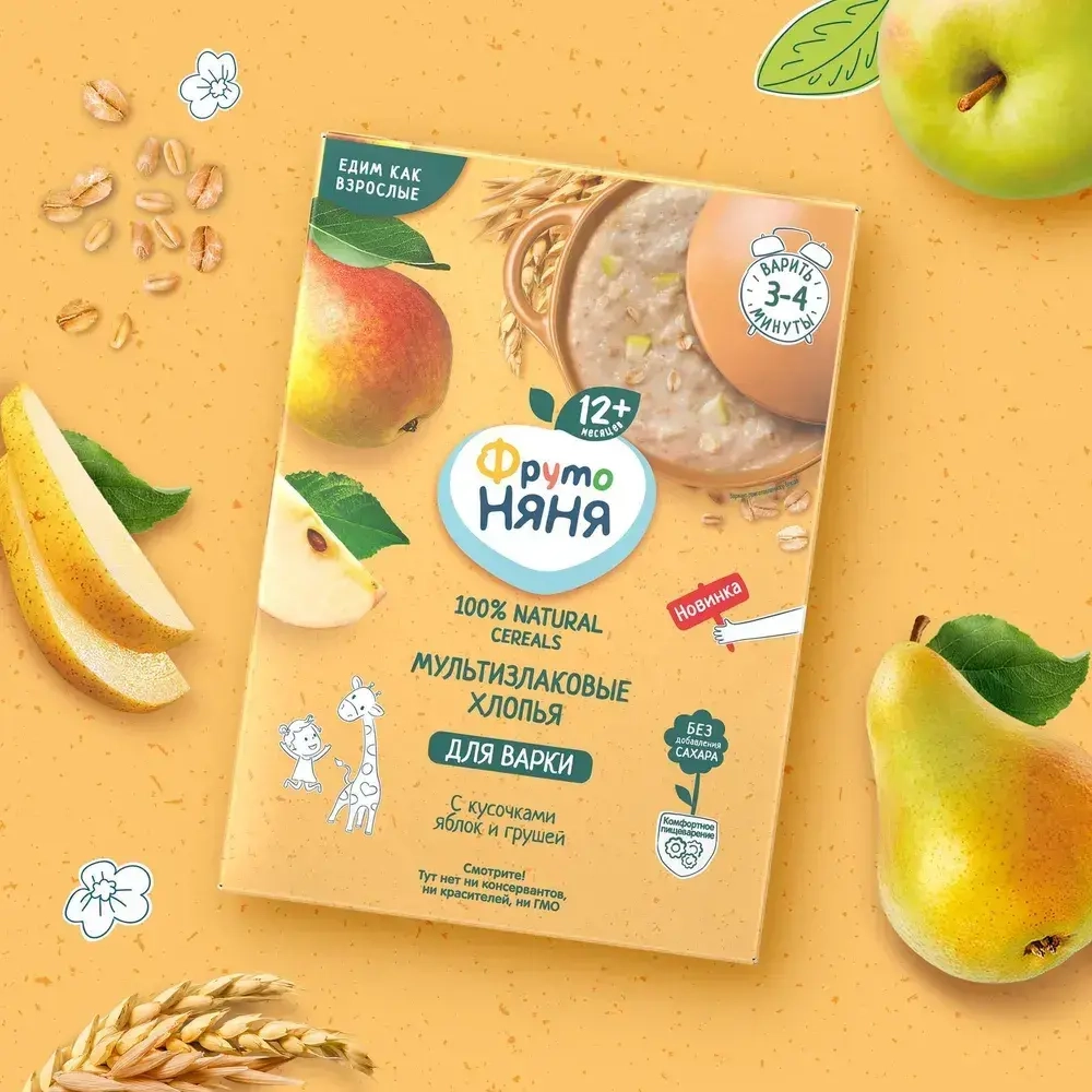 Сухая каша ФрутоНяня безмолочная мультизлаковая с кусочками яблок и грушей, для варки, 200 г