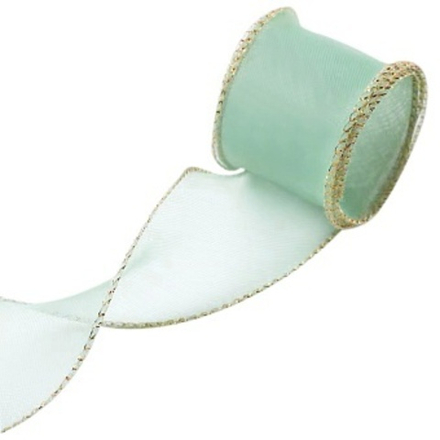 Лента декоративная (4 см*9,14 м) Органза с леской Золотая кайма Мятный
