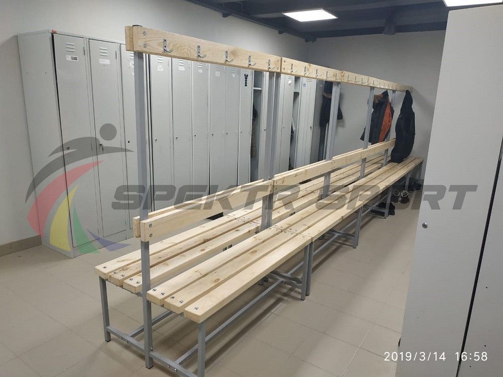 Скамейка с вешалкой для раздевалок двухсторонняя (цельная) 1200 мм