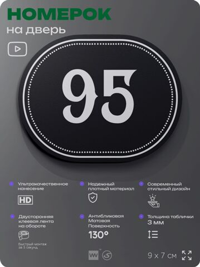 Номерок на дверь квартиры 95, для кабинета, офиса, шильдик 9 х 7 см, черный, Айдентика Технолоджи