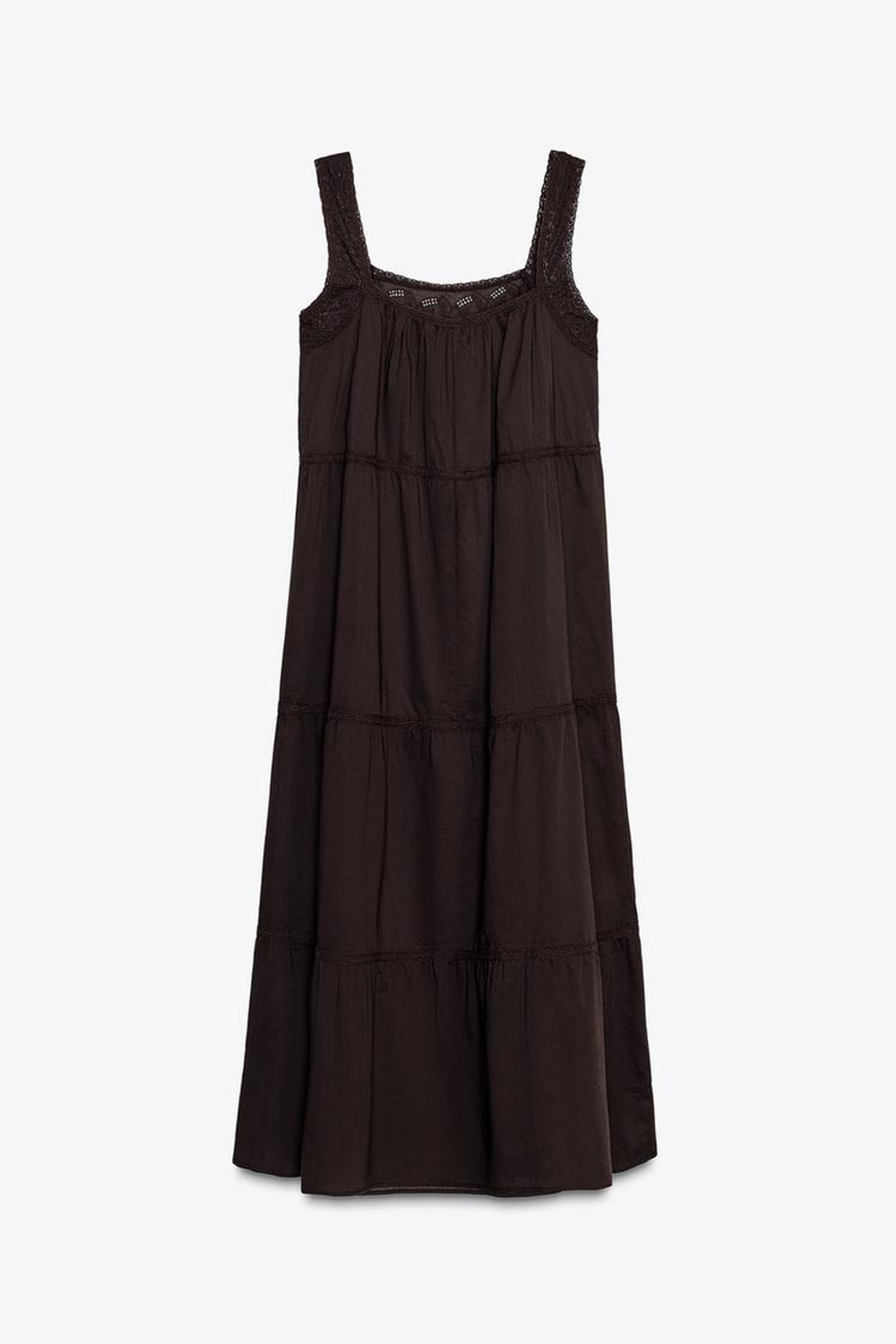 ZARA ПЛАТЬЕ С КРУЖЕВОМ И ВЫШИВКОЙ, КОРИЧНЕВЫЙ