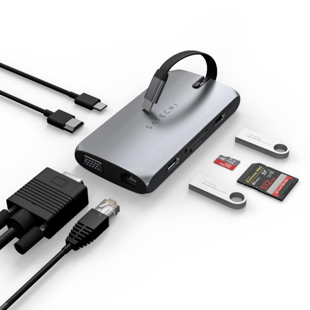 USB-Хаб Satechi On-the-Go (USB-C) (ST-UCMBA) Подключение: съёмный кабель USB-C. Порты: USB-C (PD 100 Вт), USB-C, 2 USB-A 3.2 Gen 1, microSD, SD, HDMI (до 4K 60 Гц), Gigabit Ethernet, VGA