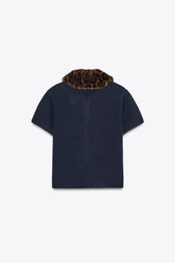 ZARA ТРИКОТАЖНЫЙ КАРДИГАН С ВОРОТНИКОМ И АНИМАЛИСТИЧЕСКИМ ПРИНТОМ, МОРСКОЙ СИНИЙ