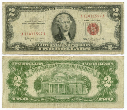 Банкнота США 2 доллара 1963 A 11411597 A. VG-F
