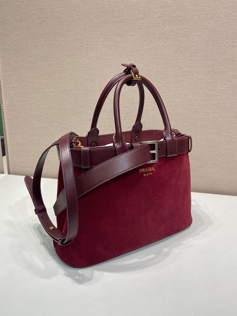 Prada Buckle Medium Suede Bag with Belt 32 cm
