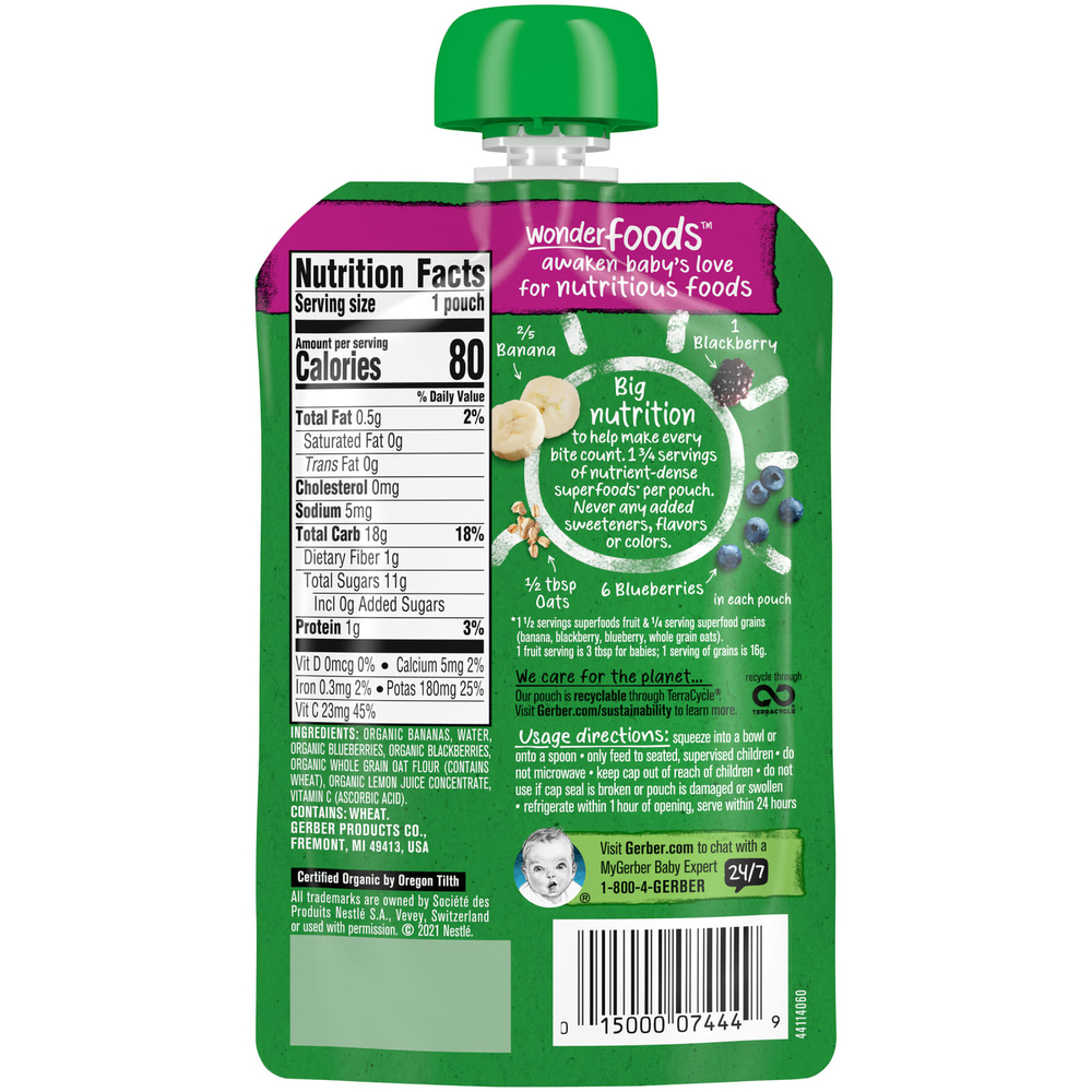 Gerber, Organic for Baby, Wonder Foods, 2nd Foods, банан, черника и ежевика, овсянка, 99 г (3,5 унции)