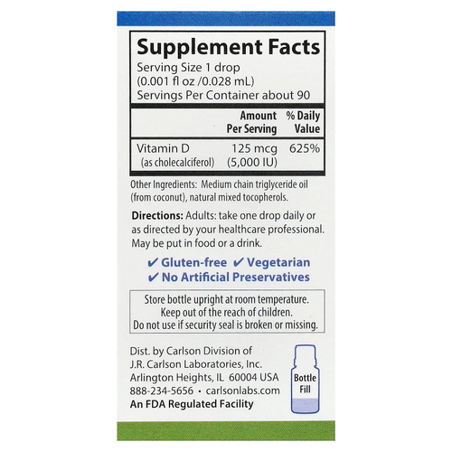 Carlson, Super Daily®, D3, 125 мкг (5000 МЕ), 2,54 мл (0,086 жидк. Унции)