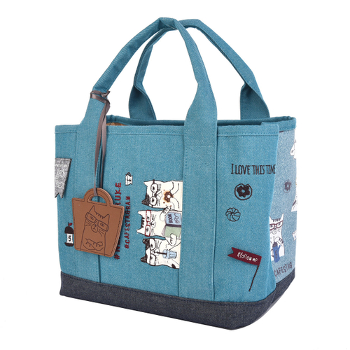 Сумка-шоппер (тоут) с перегородкой и карманом для напитков "NEKOMARUKE", бирюзовый, 24-7010-3, KUSUGURU