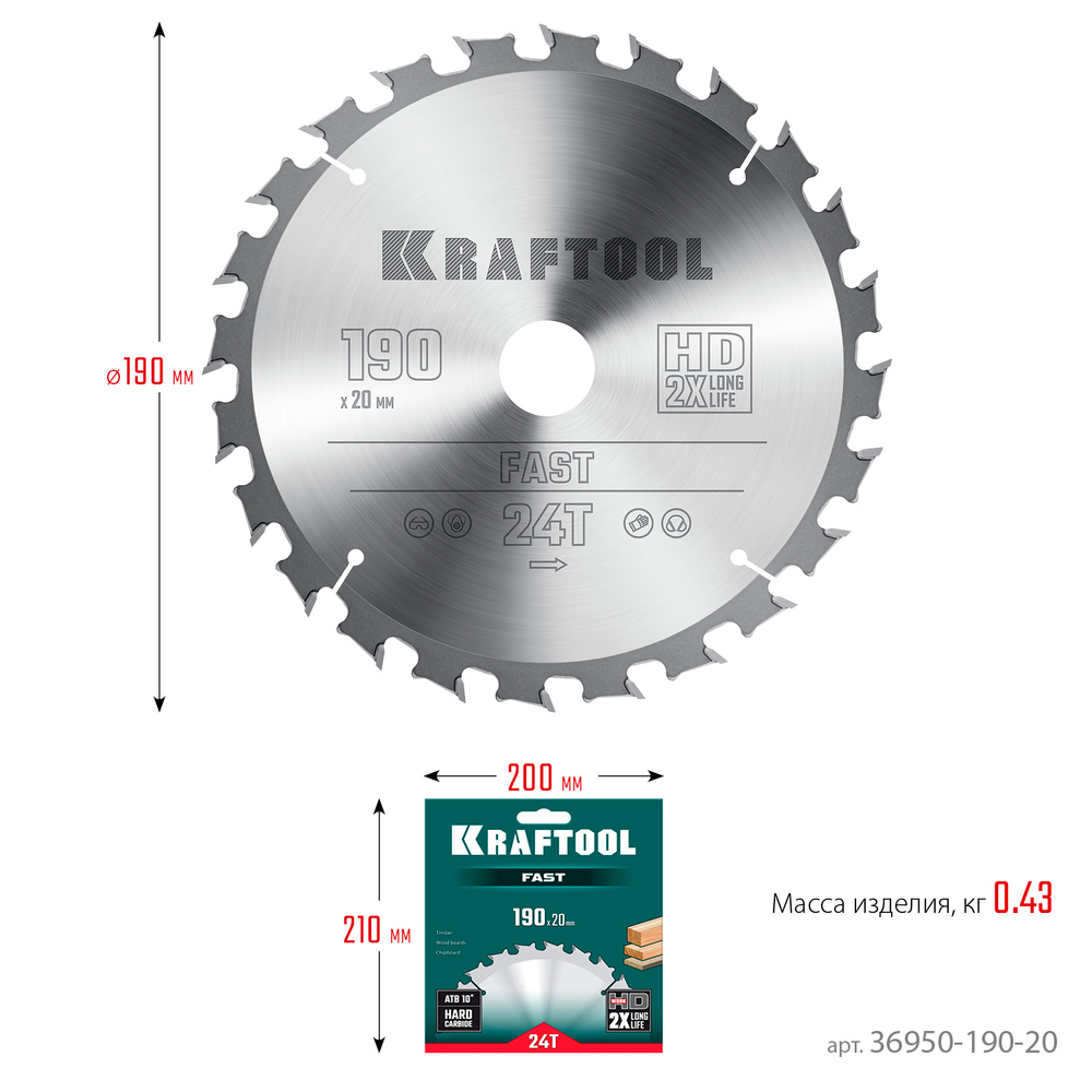 KRAFTOOL Fast, 190 х 20 мм, 24Т, пильный диск по дереву (36950-190-20)