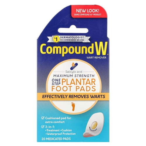 Compound W, Средство для удаления бородавок, One Step Plantar Foot Pads, максимальная сила действия, 20 лечебных подушечек