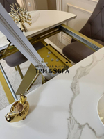 Круглый раздвижной стол "Бонжур", керамогранит, белый мрамор и стулья "Лондон"