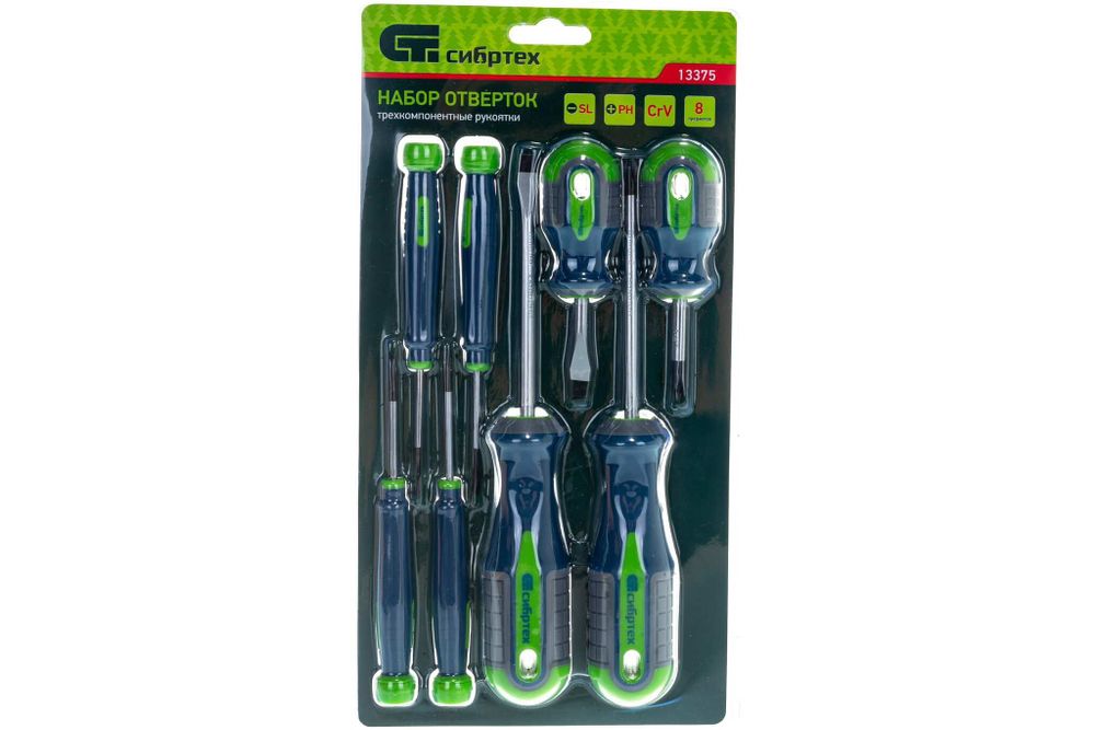 Набор отверток 8 штук универсальный, CrV, трехкомпонентная рукоятка // Сибртех