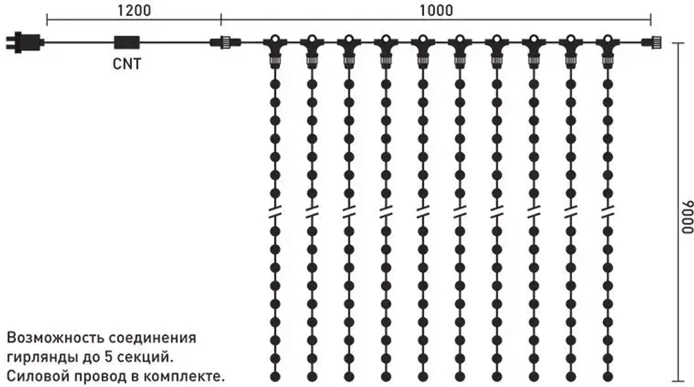 Светодиодный занавес 1*9 м., 900 синих LED ламп, прозрачный провод ПВХ, LTC (PCL901-10-2B)