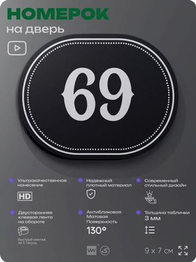 Номерок на дверь квартиры 69, для кабинета, офиса, шильдик 9 х 7 см, черный, Айдентика Технолоджи