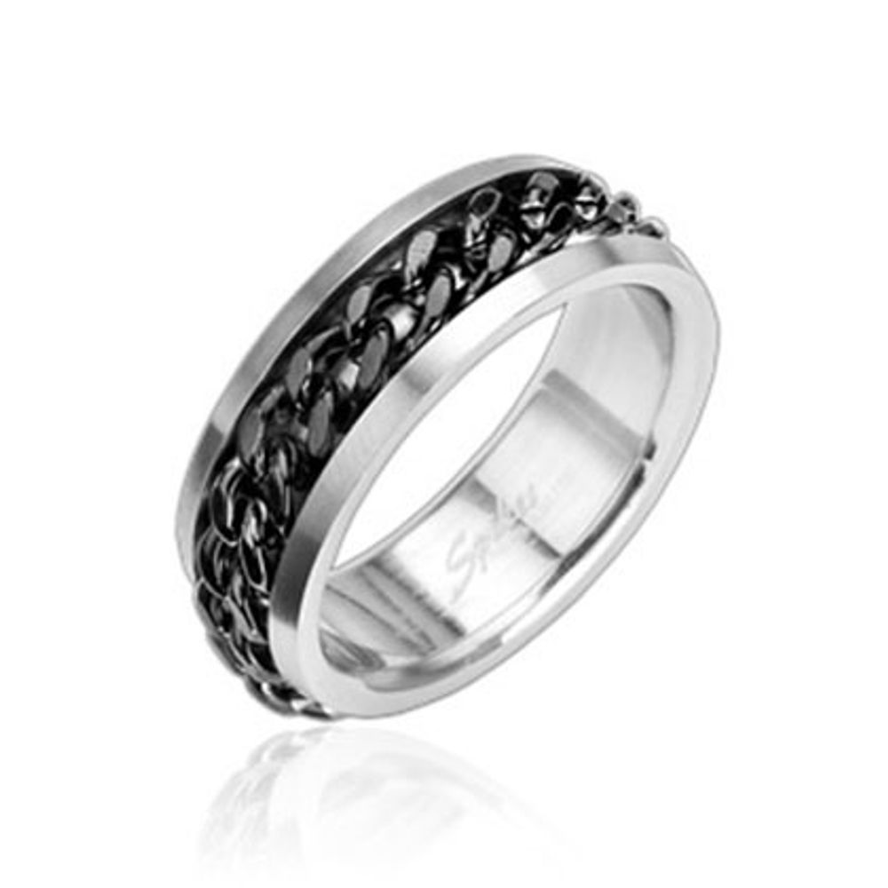 Мужское стальное кольцо с крутящейся серединой из чёрной цепочки SPIKES R8011