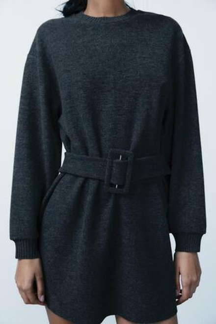 ZARA ПЛАТЬЕ ИЗ МЯГКОЙ ТКАНИ С РЕМНЕМ, ТЕМНЫЙ АНТРАЦИТ