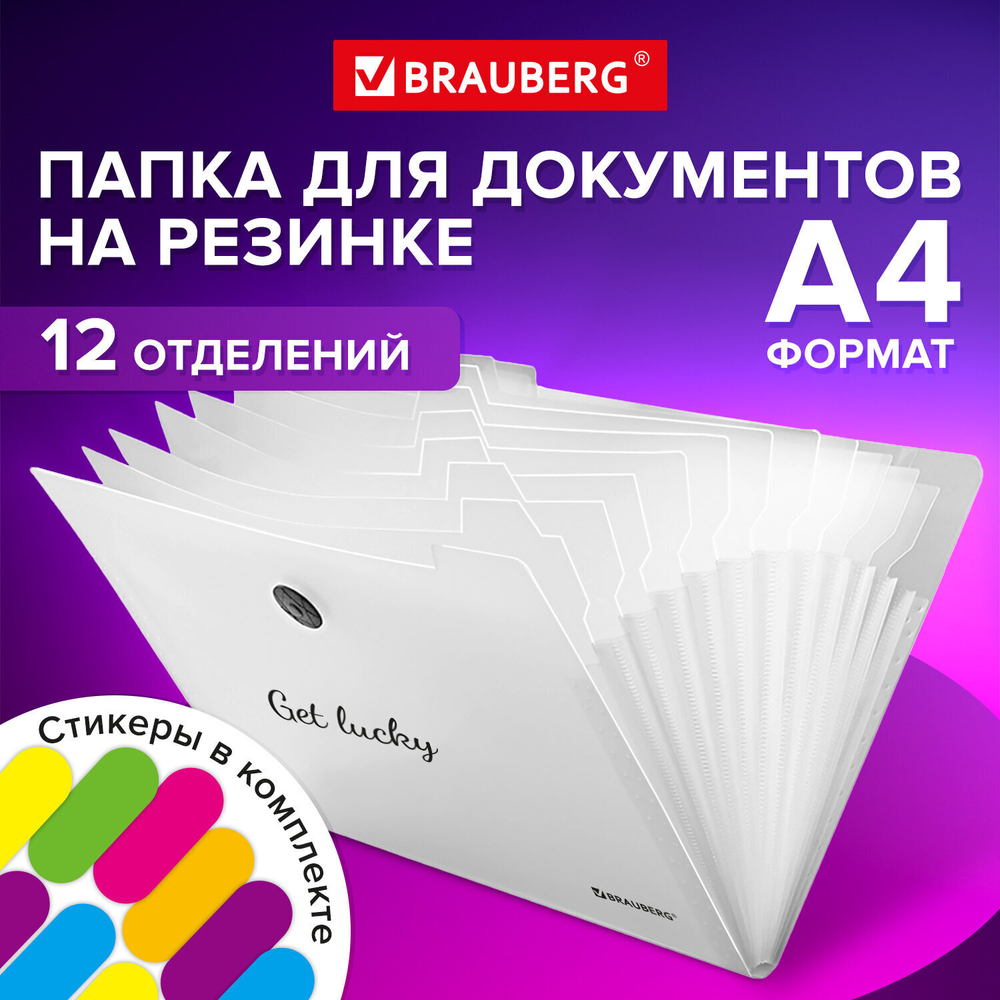 Папка-органайзер на резинке 12 отделений BRAUBERG "Glassy" А4 прозрачная (8 штук в упаковке)