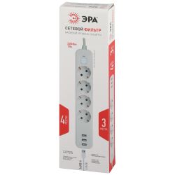 Сетевой фильтр ЭРА USF-4es-3m-3xUSBA-W с базовой защитой с заземлением с выключателем 4 розетки+3xUSBA 3,1A 3м 10А белый