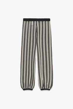 ZARA БРЮКИ В ПОЛОСКУ ИЗ ЛЬНЯНОЙ ТКАНИ С МАНЖЕТАМИ, ЭКРЮ / ЧЕРНЫЙ