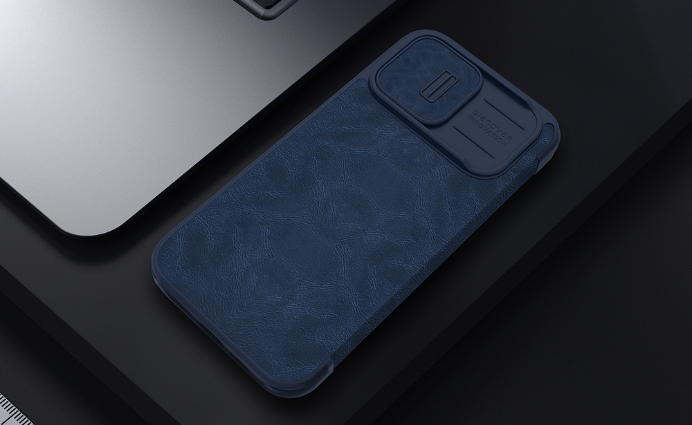 Чехол книжка синего цвета от Nillkin для iPhone 14 Pro Max, серия Qin Pro Leather с защитной шторкой для камеры