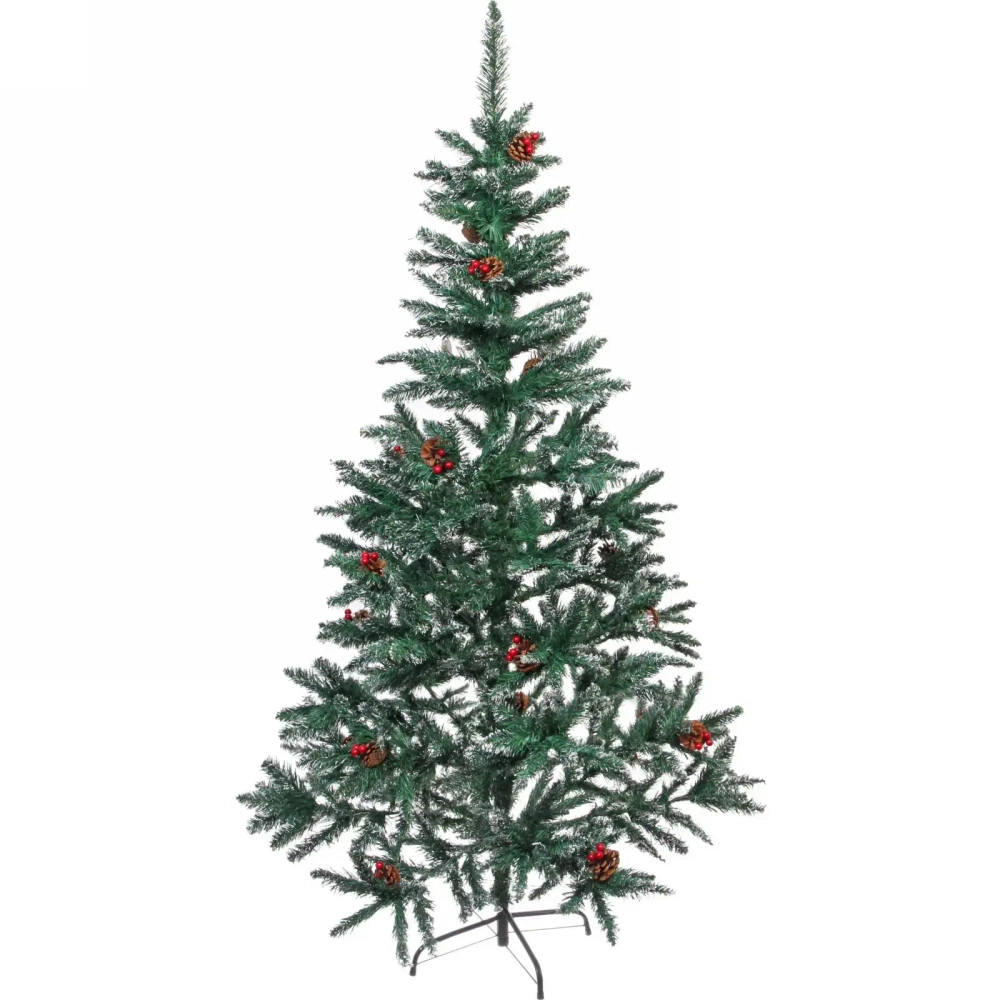 Ёлка «Морозное утро» 180 см, ПВХ с шишками, ягодами и белым инеем (490 веток)