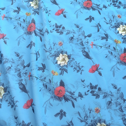 Сетка-утяжка с принтом, цветы и птички на голубом