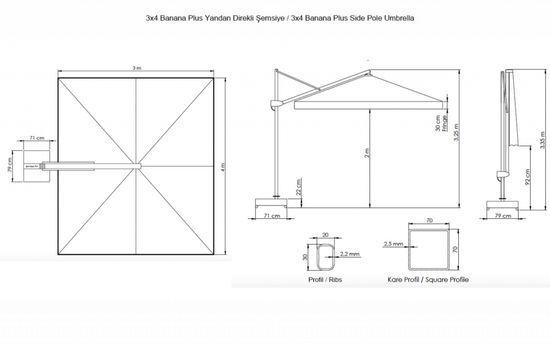 Зонт профессиональный Banana Plus 3000Х4000 черный/серый Турция